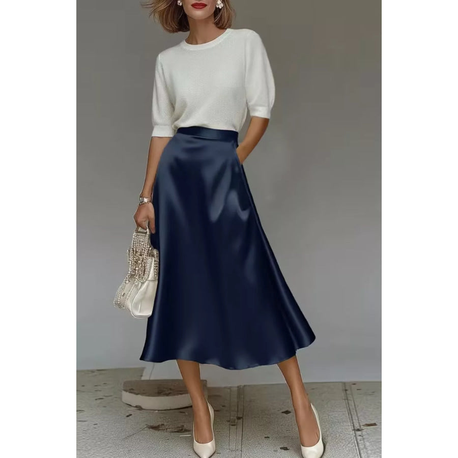 Satin A-Line Midi Skirt Navy / S Apparel and Accessories