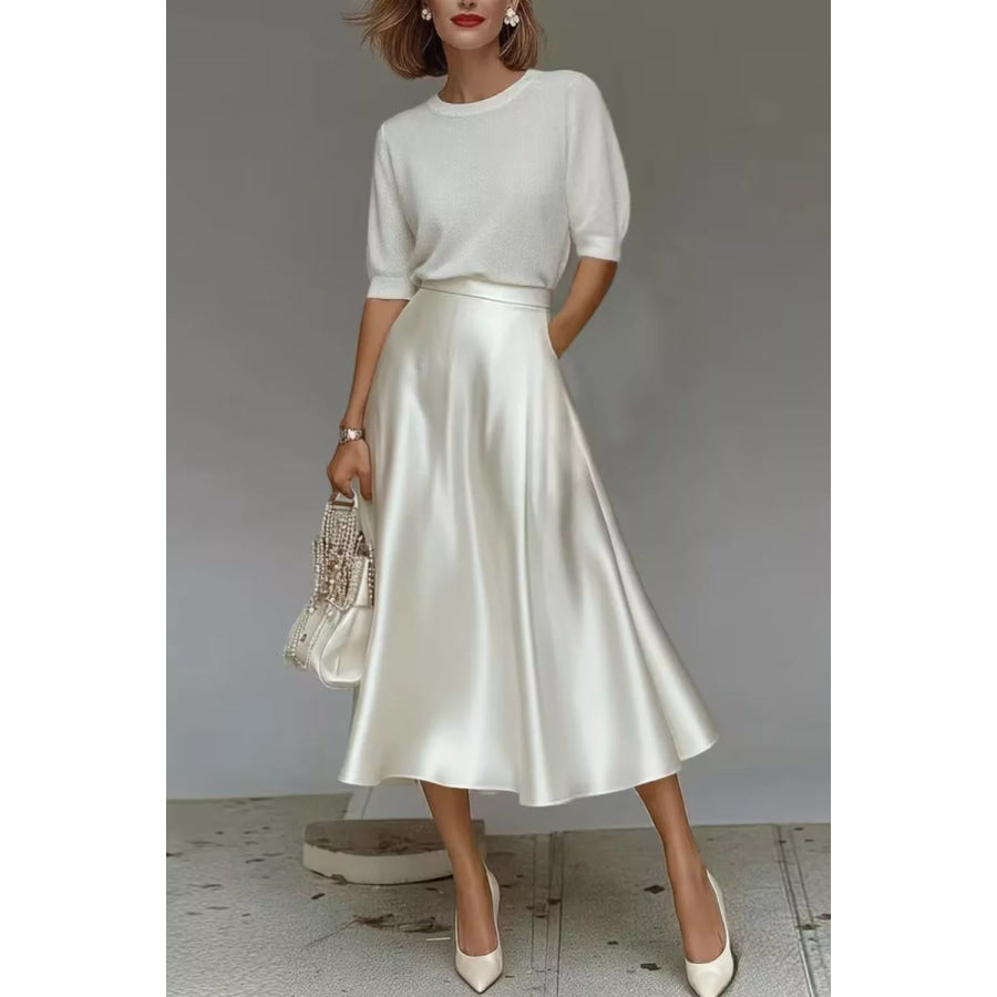 Satin A-Line Midi Skirt White / S Apparel and Accessories