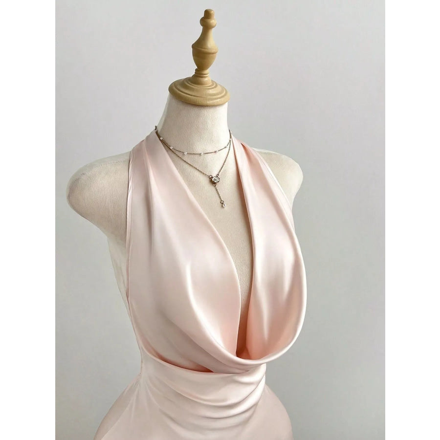 Satin Backless Halter Neck Dress Apparel and Accessories