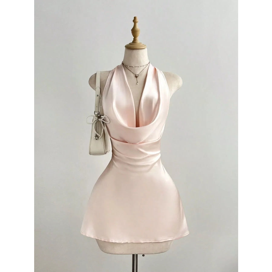 Satin Backless Halter Neck Dress Pink / S Apparel and Accessories