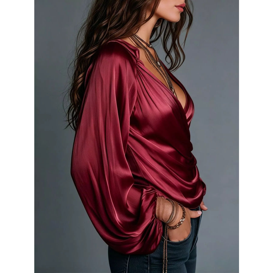 Satin Balloon Sleeve Blouse Apparel and Accessories