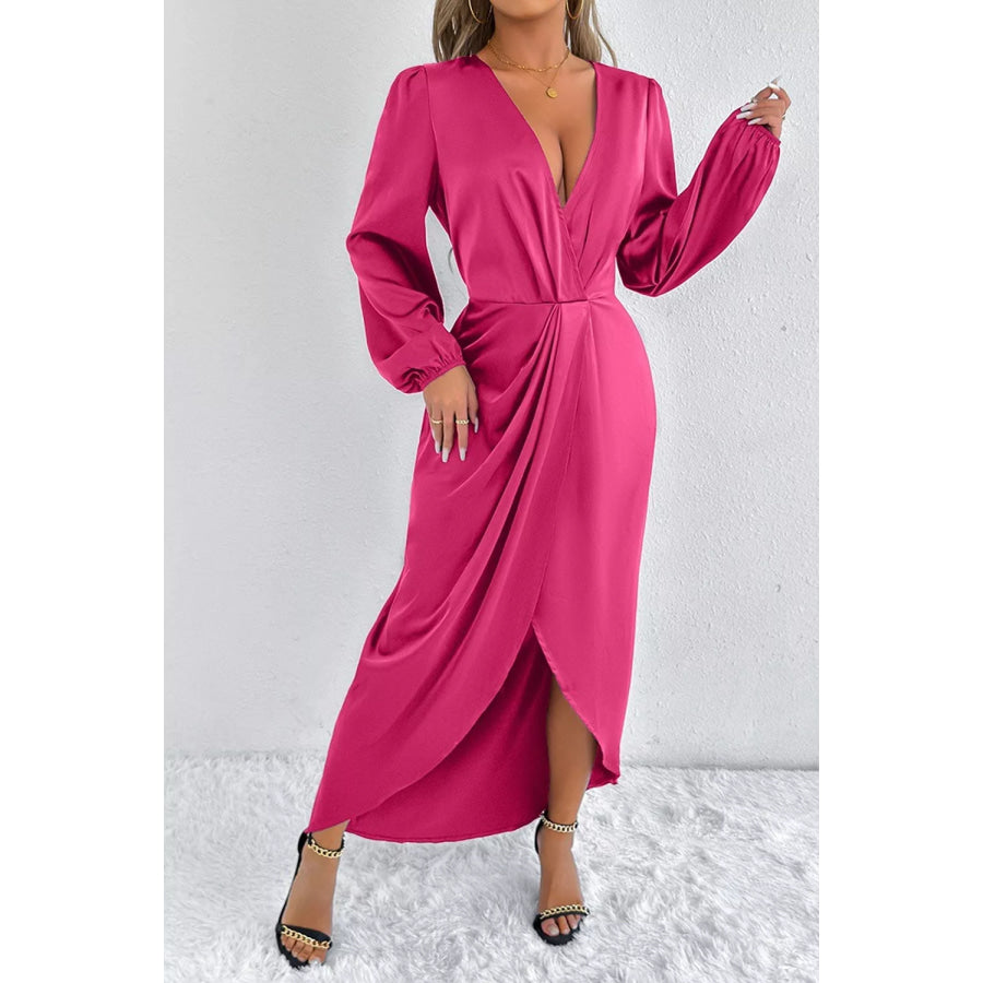 Satin Balloon Sleeve Midi Dress Apparel and Accessories