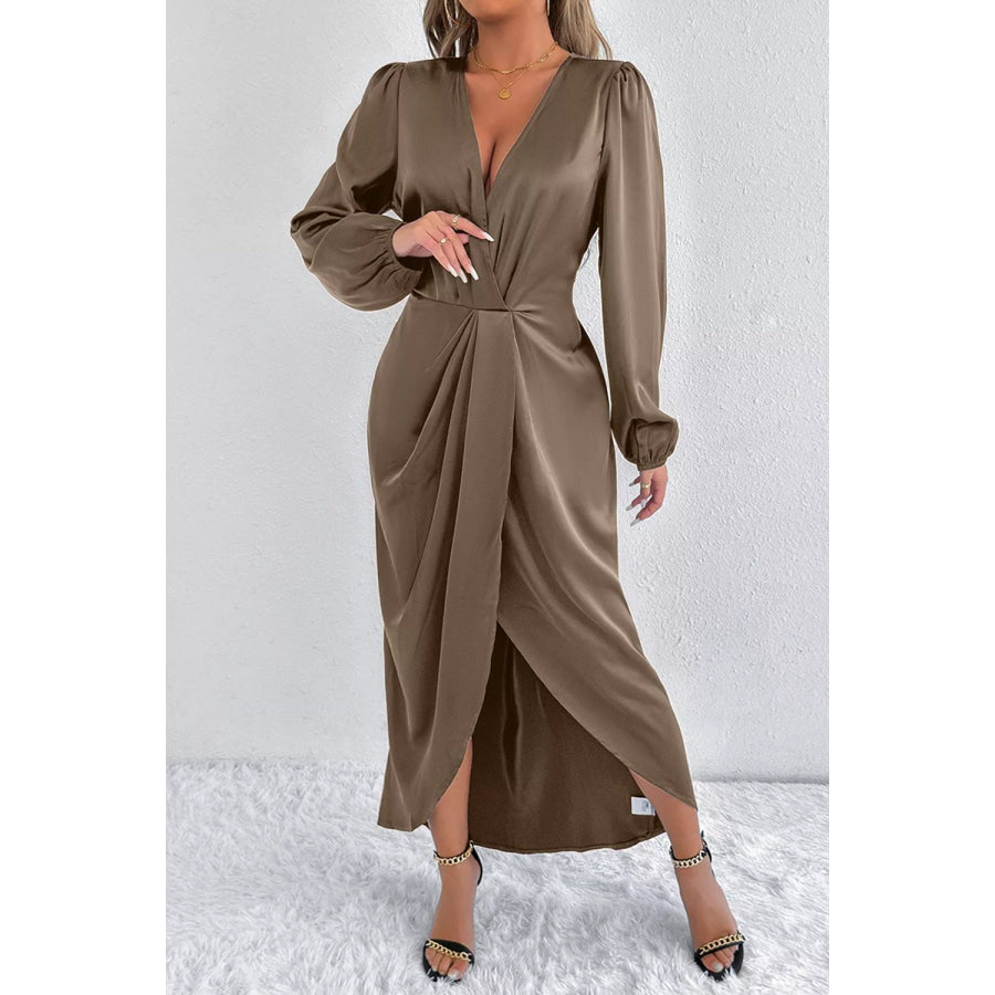 Satin Balloon Sleeve Midi Dress Apparel and Accessories