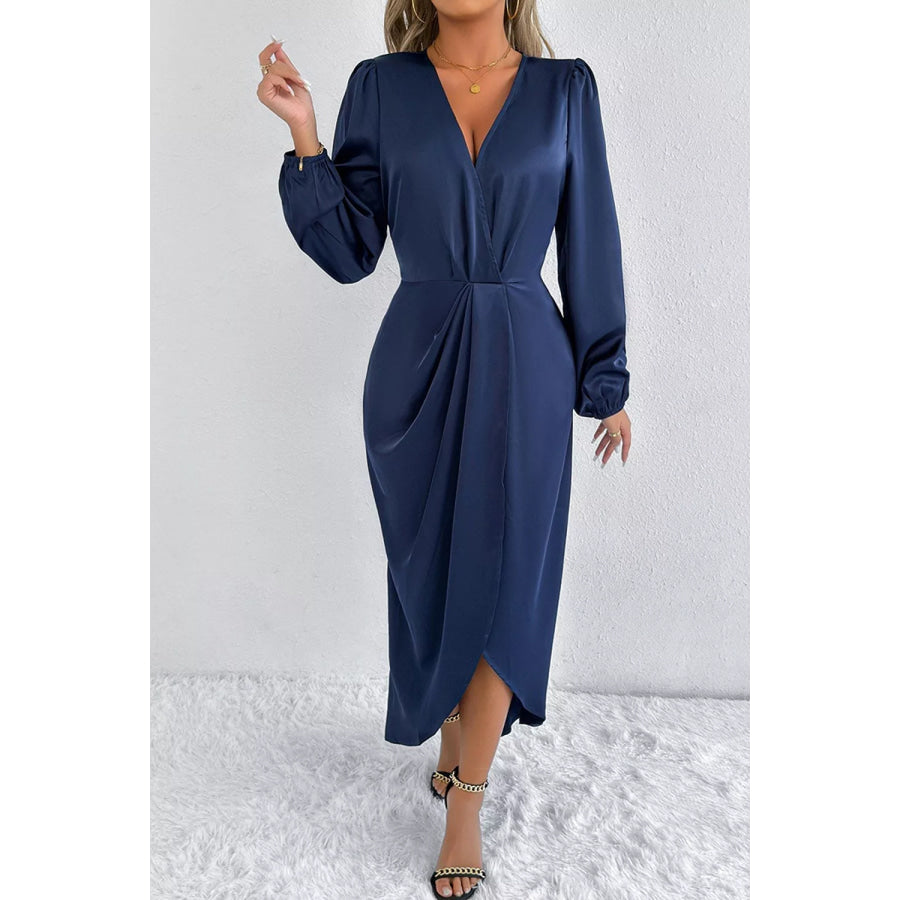 Satin Balloon Sleeve Midi Dress Apparel and Accessories