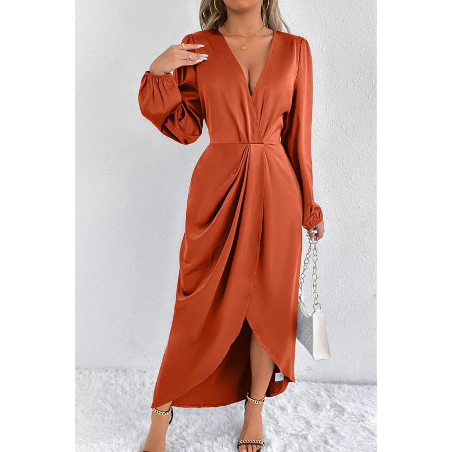 Satin Balloon Sleeve Midi Dress Apparel and Accessories