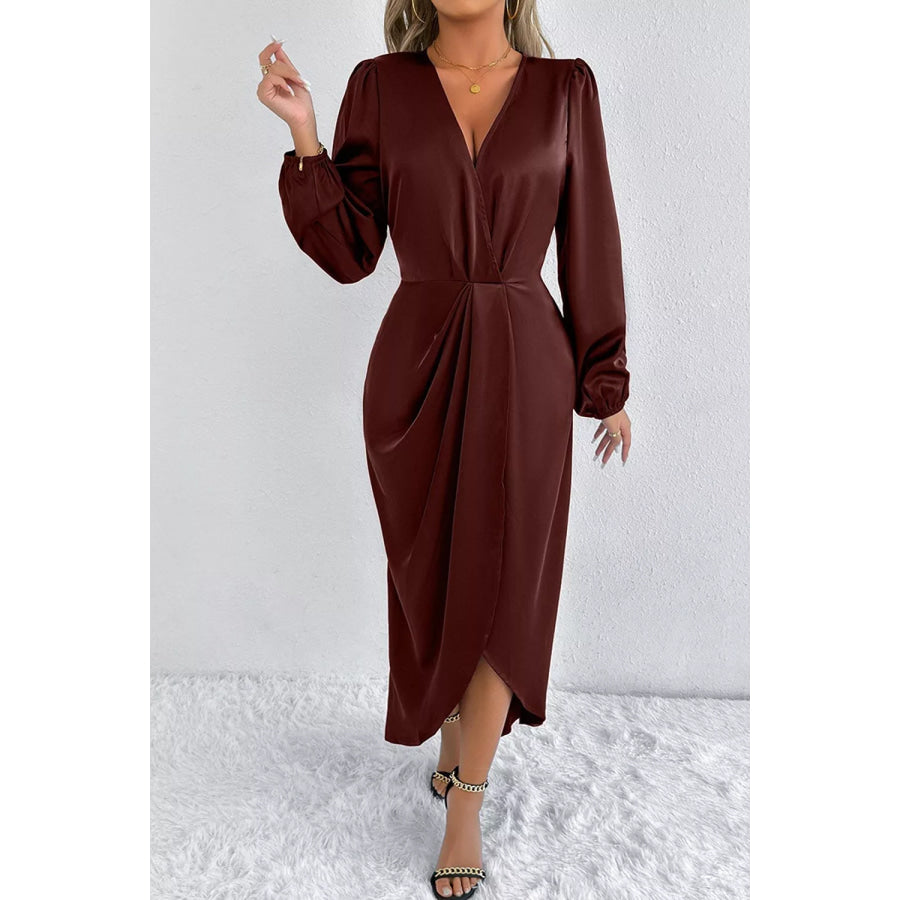 Satin Balloon Sleeve Midi Dress Apparel and Accessories