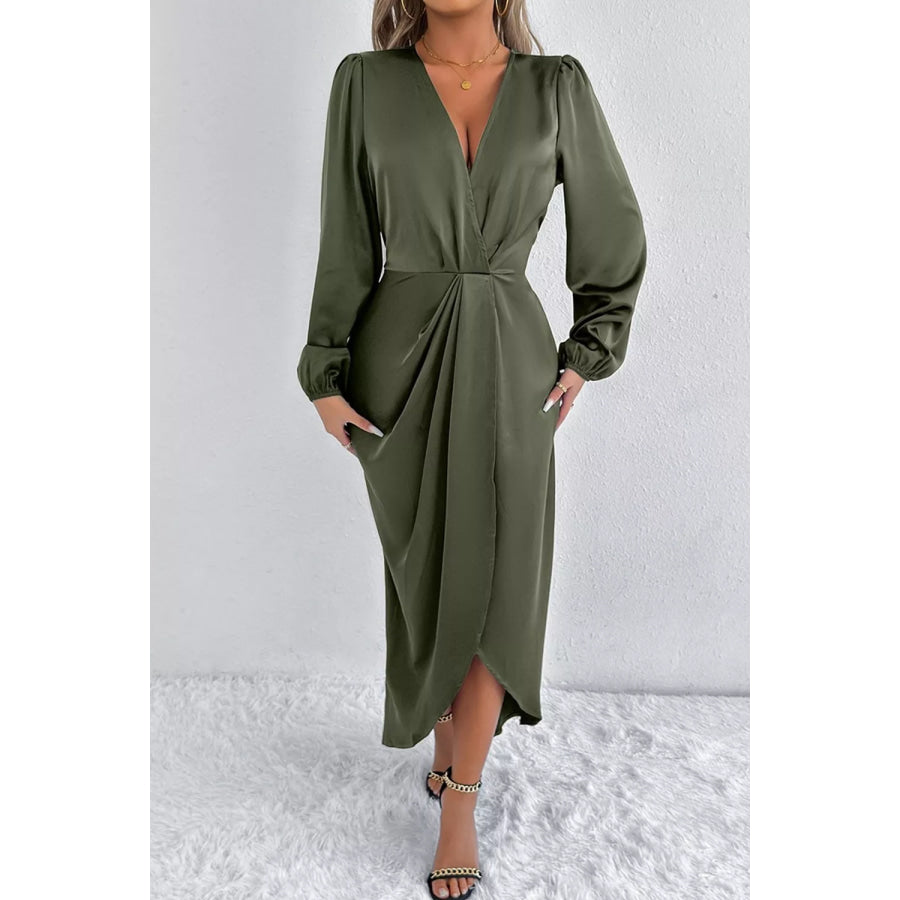 Satin Balloon Sleeve Midi Dress Apparel and Accessories