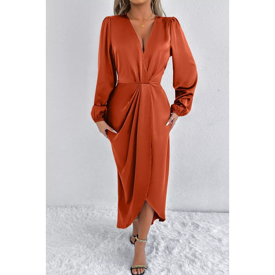 Satin Balloon Sleeve Midi Dress Apparel and Accessories