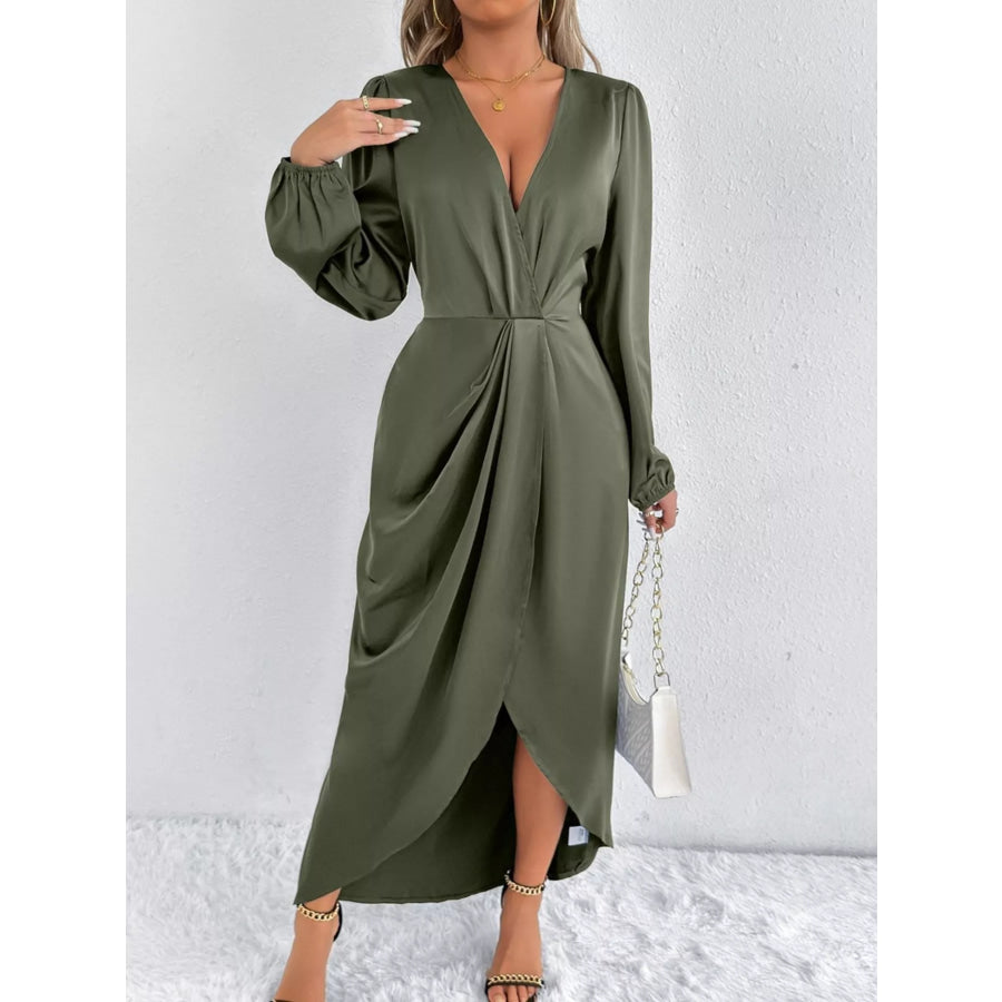 Satin Balloon Sleeve Midi Dress Apparel and Accessories