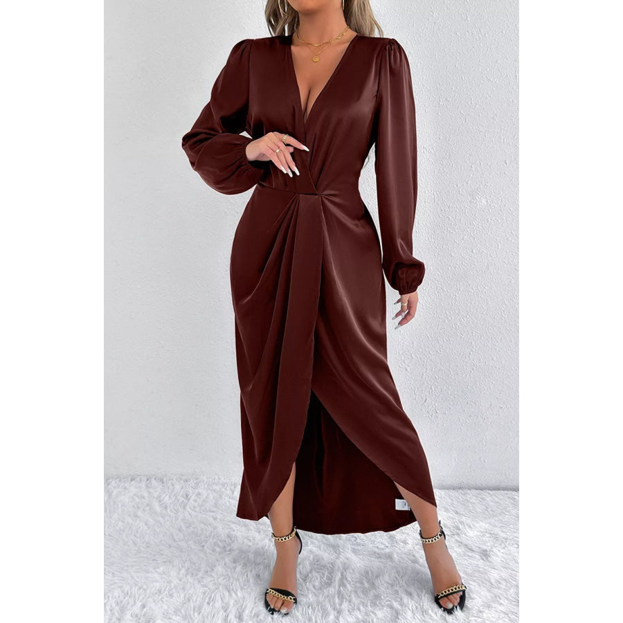Satin Balloon Sleeve Midi Dress Apparel and Accessories