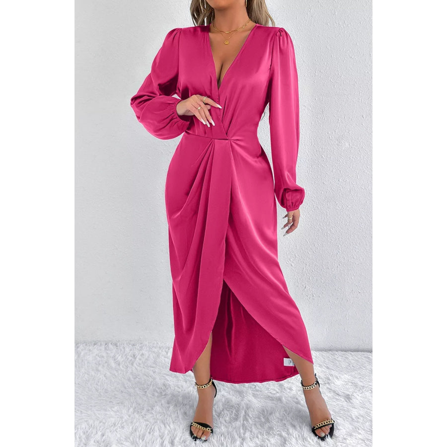 Satin Balloon Sleeve Midi Dress Apparel and Accessories