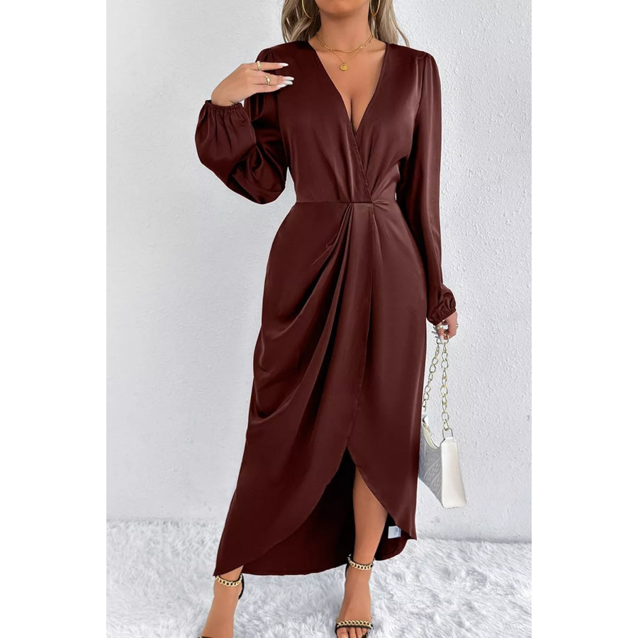 Satin Balloon Sleeve Midi Dress Apparel and Accessories