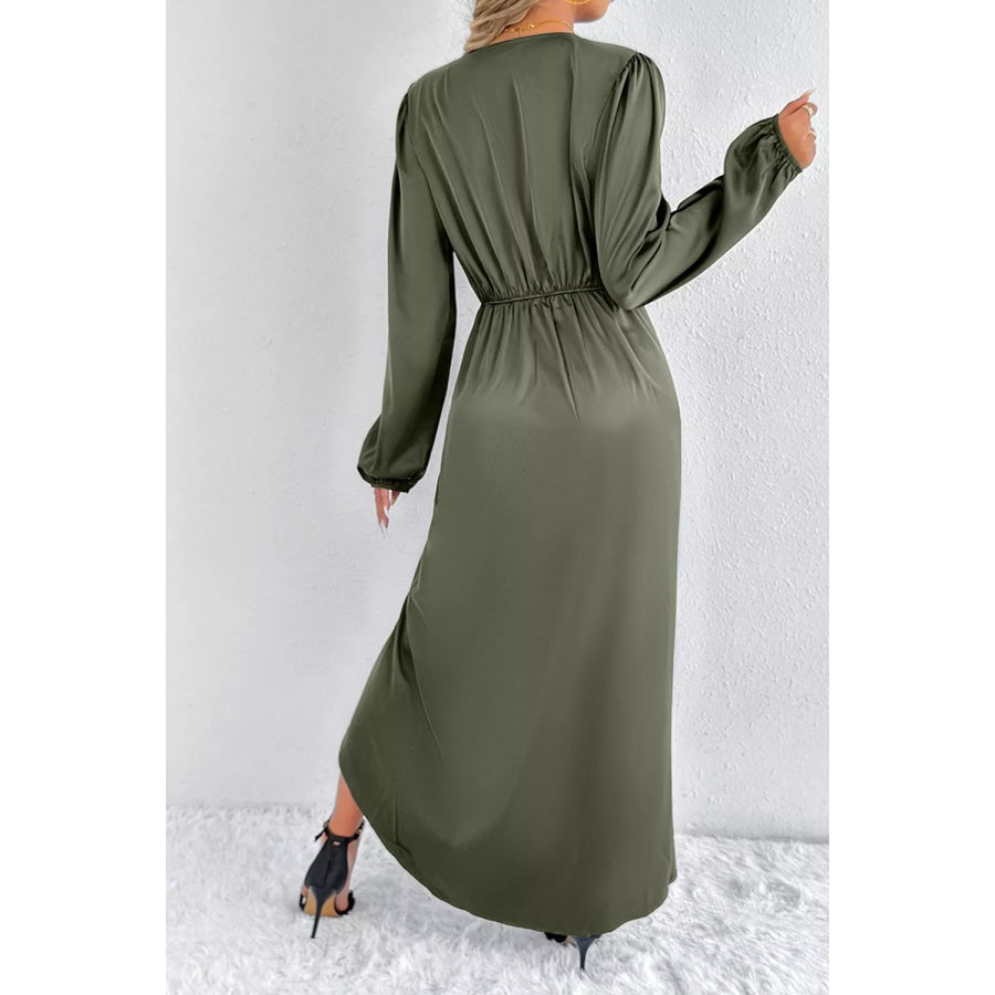 Satin Balloon Sleeve Midi Dress Apparel and Accessories