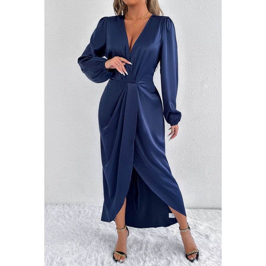 Satin Balloon Sleeve Midi Dress Apparel and Accessories