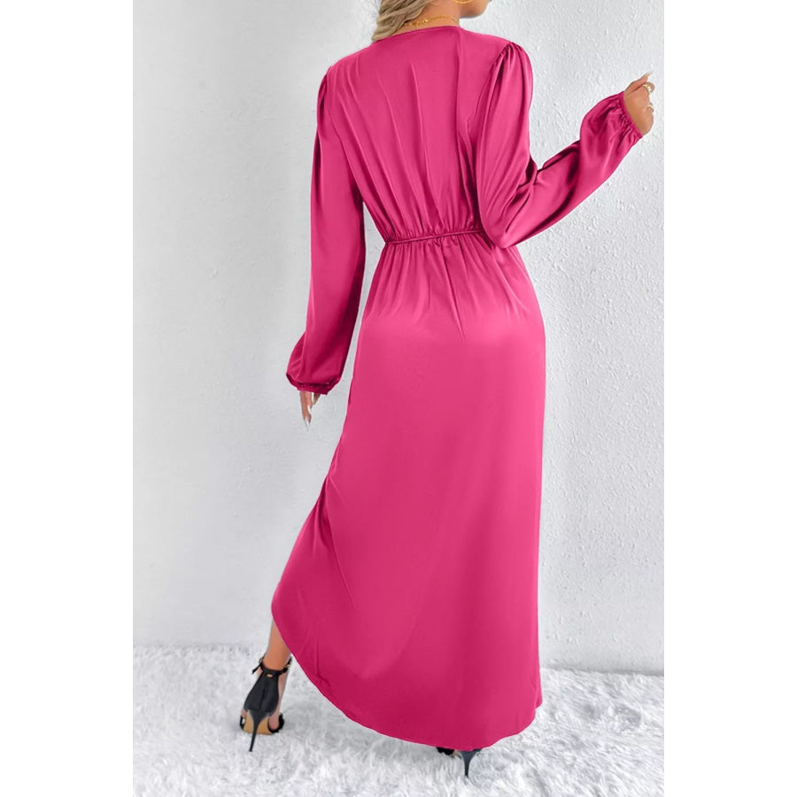 Satin Balloon Sleeve Midi Dress Apparel and Accessories
