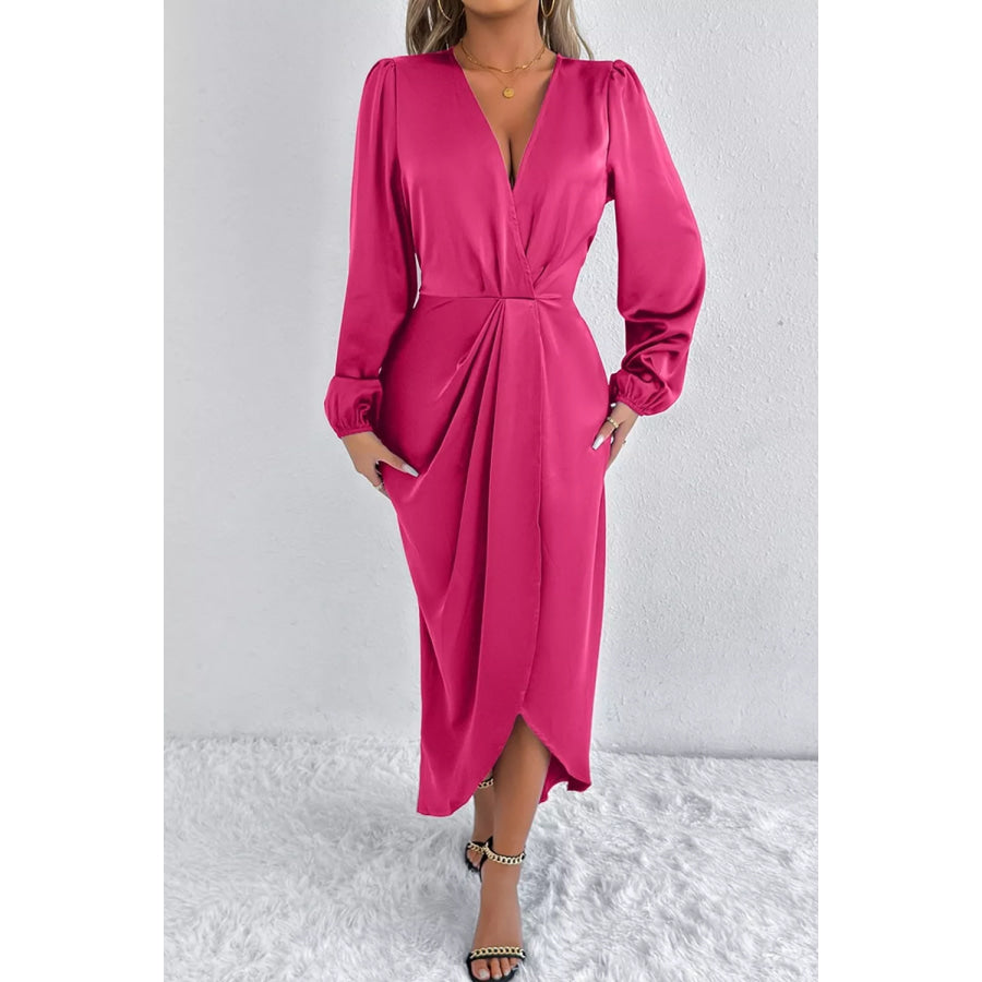 Satin Balloon Sleeve Midi Dress Apparel and Accessories