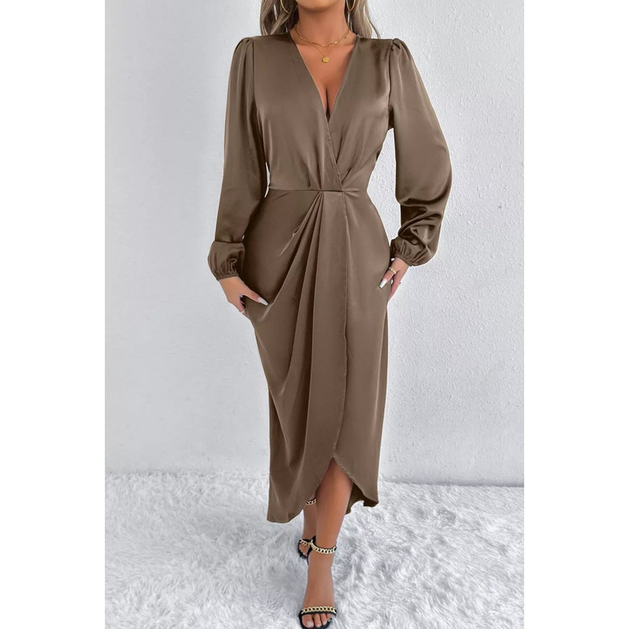 Satin Balloon Sleeve Midi Dress Apparel and Accessories