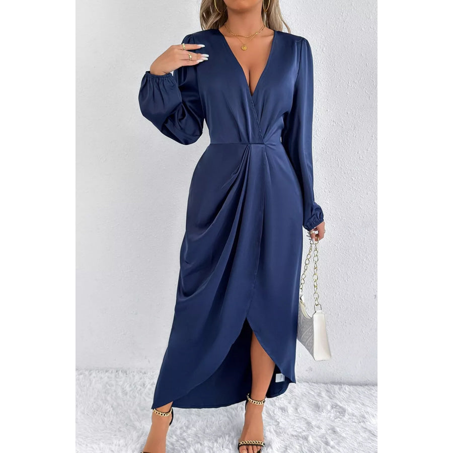 Satin Balloon Sleeve Midi Dress Apparel and Accessories
