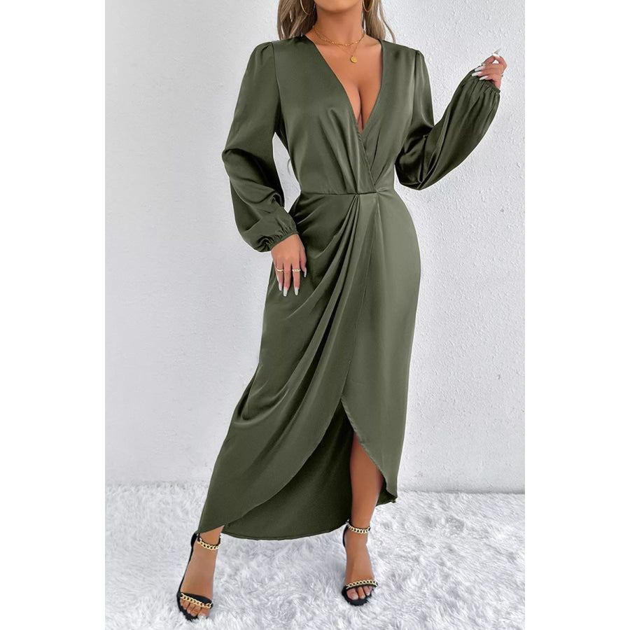 Satin Balloon Sleeve Midi Dress Apparel and Accessories