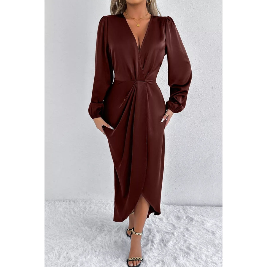 Satin Balloon Sleeve Midi Dress Apparel and Accessories