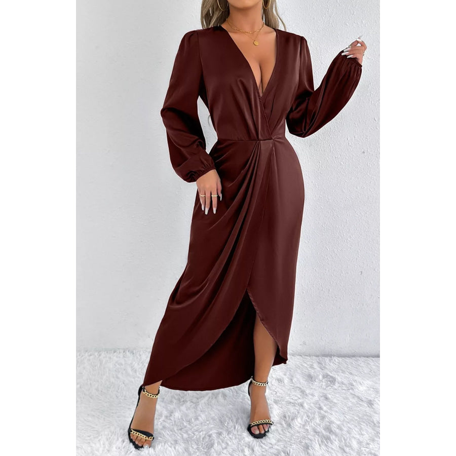 Satin Balloon Sleeve Midi Dress Coffee Brown / XS Apparel and Accessories
