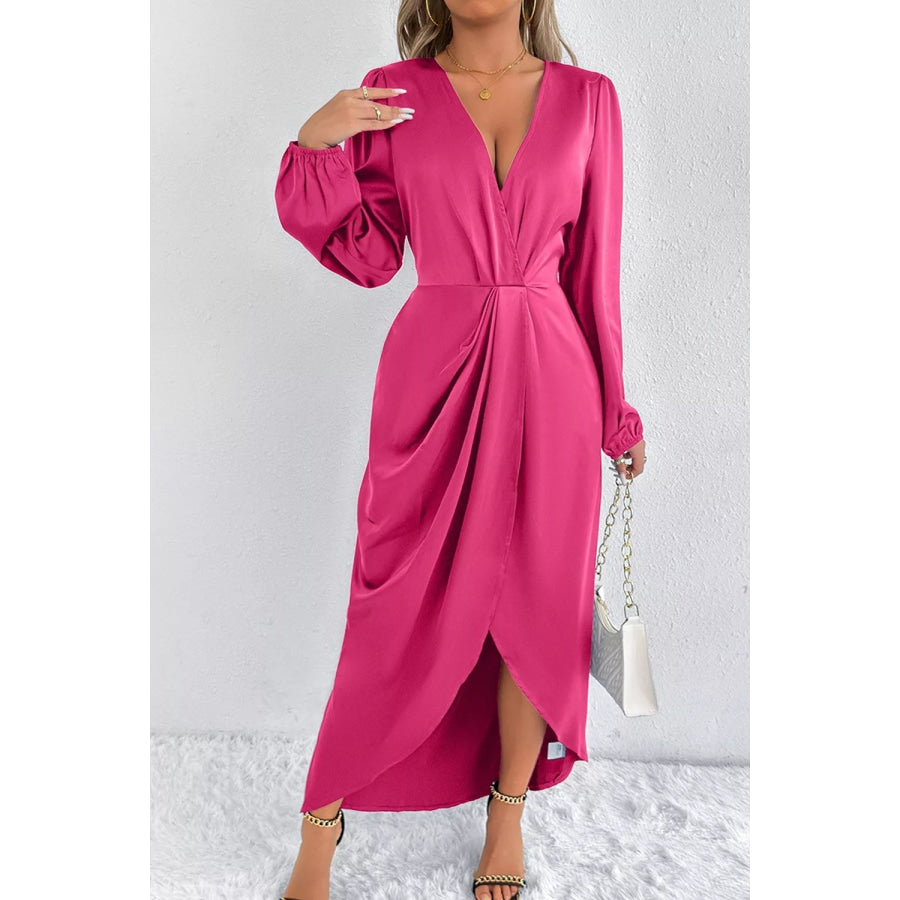 Satin Balloon Sleeve Midi Dress Hot Pink / XS Apparel and Accessories