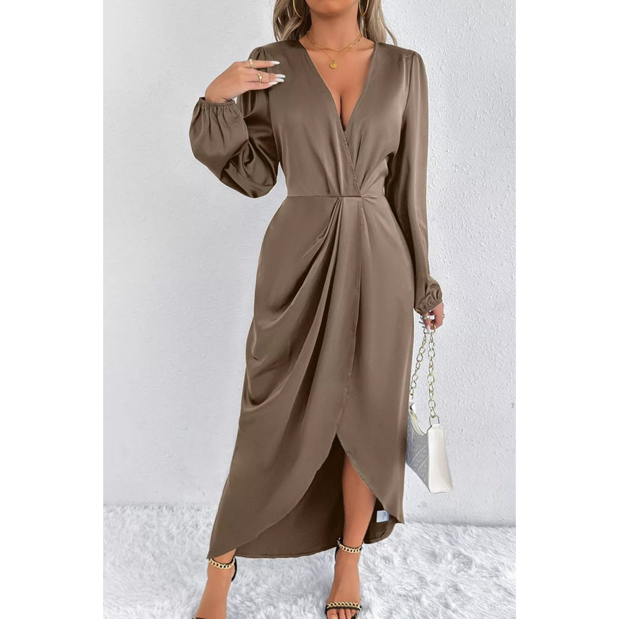Satin Balloon Sleeve Midi Dress Taupe / XS Apparel and Accessories