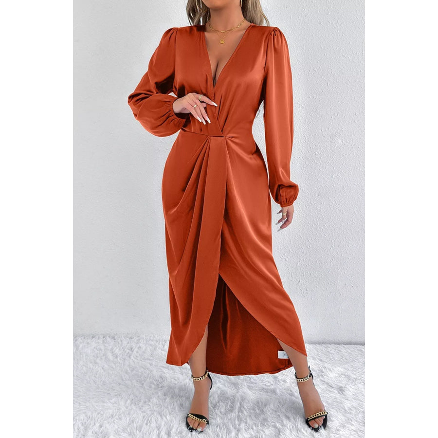Satin Balloon Sleeve Midi Dress Terracotta / XS Apparel and Accessories