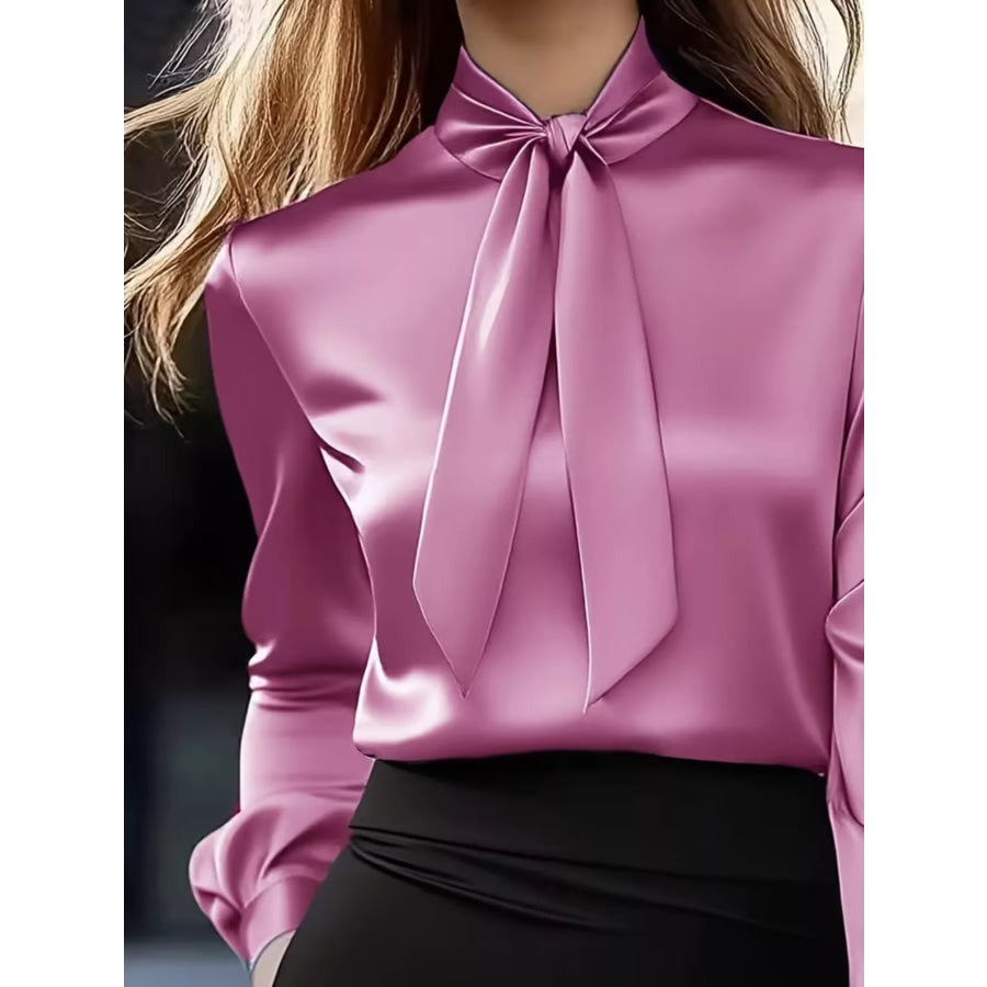 Satin Bow Tie Long Sleeve Blouse Apparel and Accessories