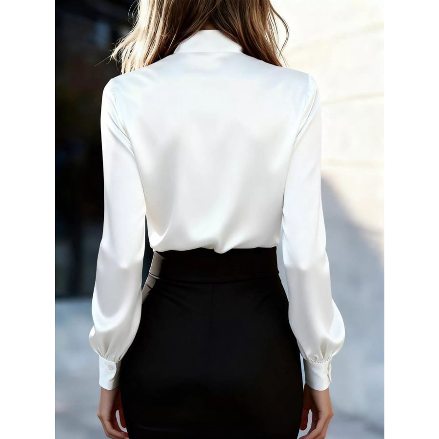 Satin Bow Tie Long Sleeve Blouse Apparel and Accessories