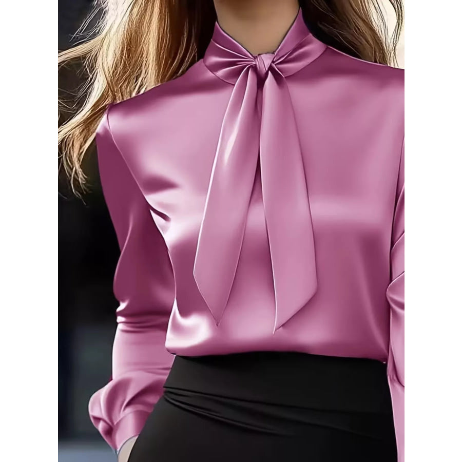 Satin Bow Tie Long Sleeve Blouse Apparel and Accessories