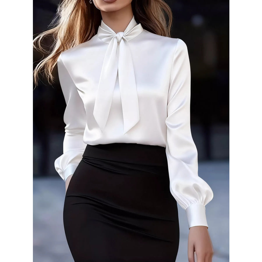 Satin Bow Tie Long Sleeve Blouse White / S Apparel and Accessories
