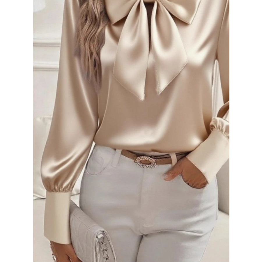 Satin Bow Tie Long Sleeve Top Apparel and Accessories