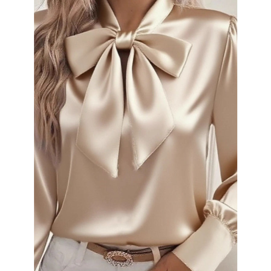 Satin Bow Tie Long Sleeve Top Apparel and Accessories