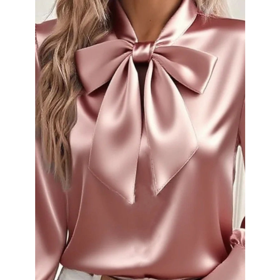 Satin Bow Tie Long Sleeve Top Apparel and Accessories