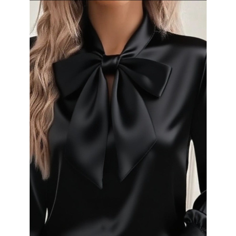 Satin Bow Tie Long Sleeve Top Apparel and Accessories
