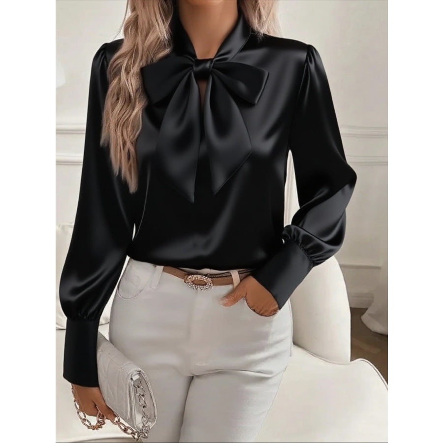 Satin Bow Tie Long Sleeve Top Black / S Apparel and Accessories