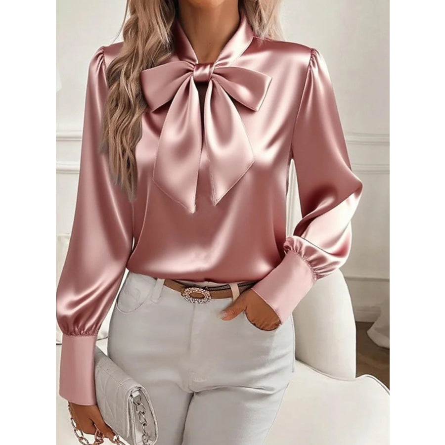 Satin Bow Tie Long Sleeve Top Dusty Pink / S Apparel and Accessories