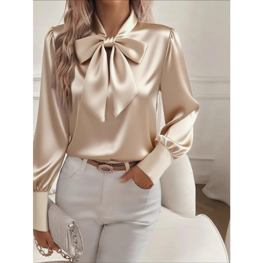 Satin Bow Tie Long Sleeve Top Tan / S Apparel and Accessories