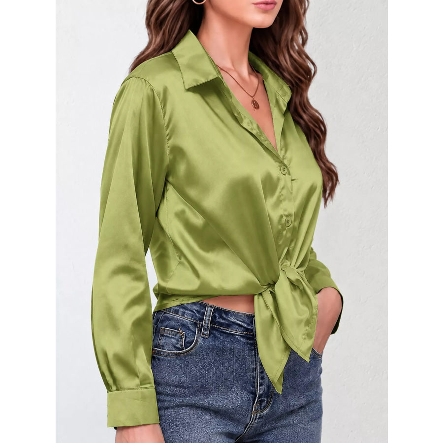 Satin Button-Down Long Sleeve Shirt Apparel and Accessories
