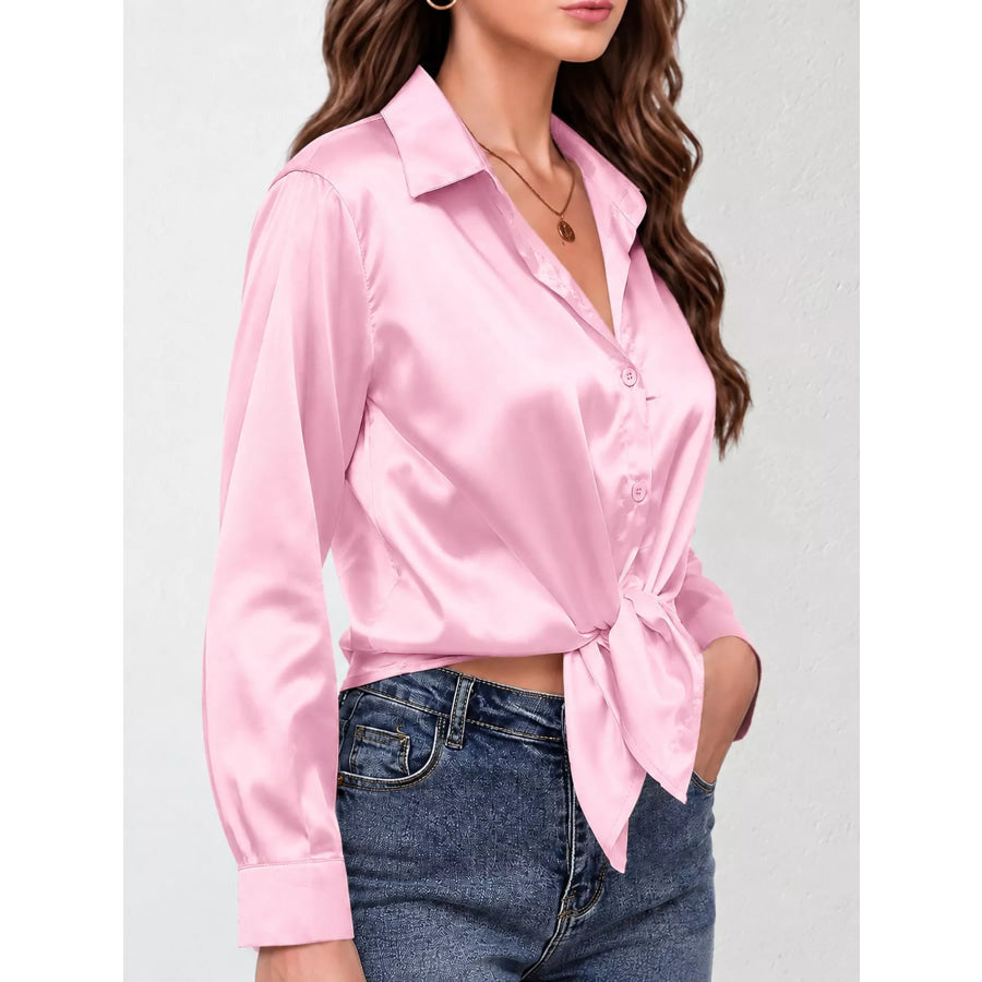 Satin Button-Down Long Sleeve Shirt Apparel and Accessories