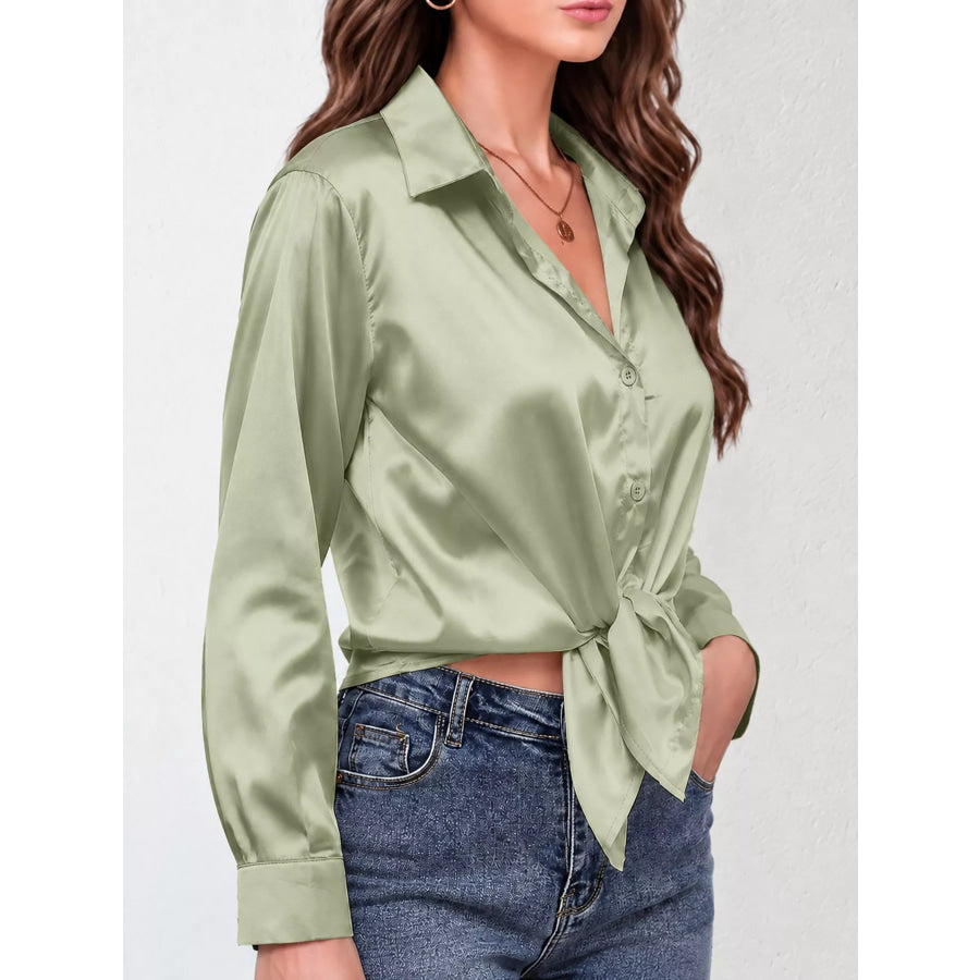 Satin Button-Down Long Sleeve Shirt Apparel and Accessories