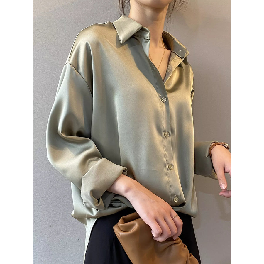 Satin Button-Down Long Sleeve Shirt Apparel and Accessories
