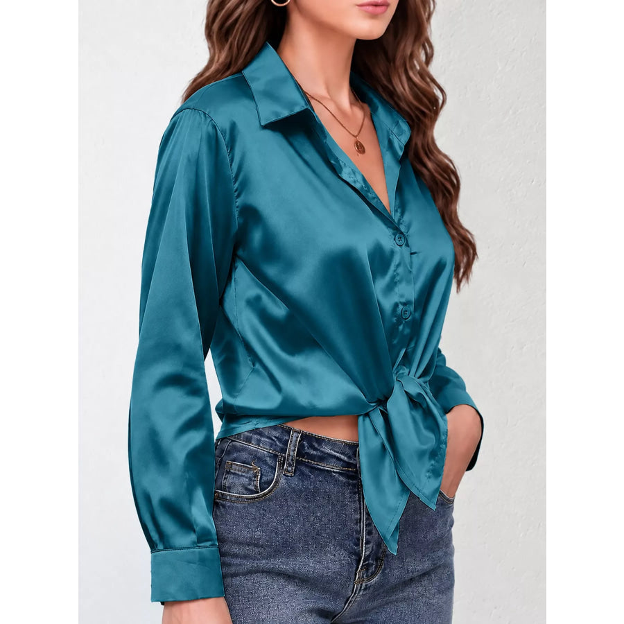 Satin Button-Down Long Sleeve Shirt Apparel and Accessories