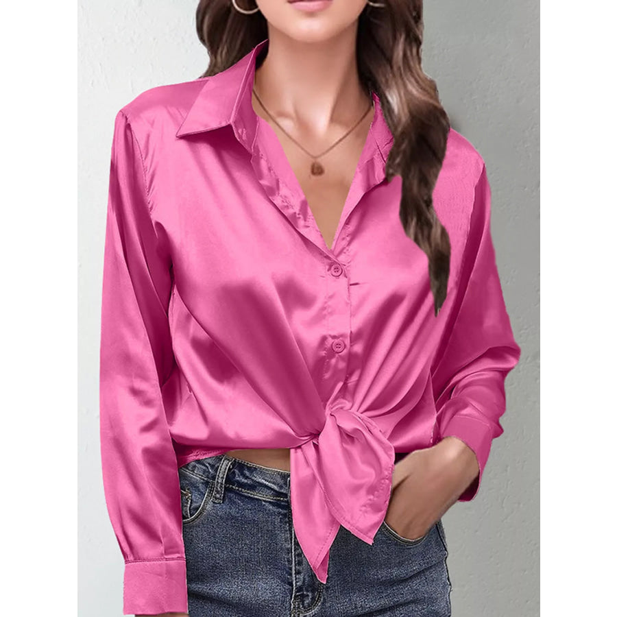 Satin Button-Down Long Sleeve Shirt Bright Pink / S Apparel and Accessories