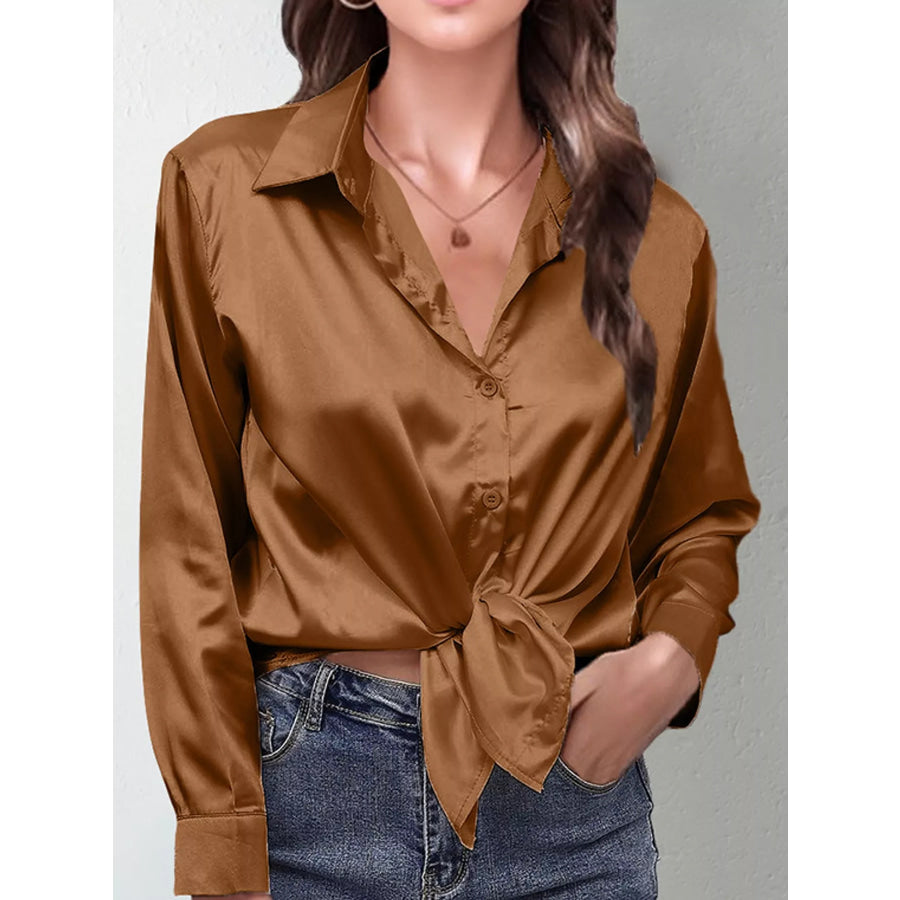 Satin Button-Down Long Sleeve Shirt Dark Brown / S Apparel and Accessories