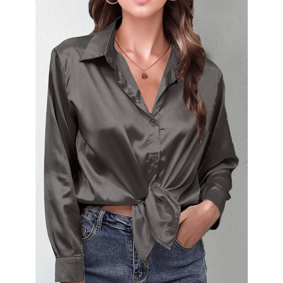 Satin Button-Down Long Sleeve Shirt Dark Gray / S Apparel and Accessories