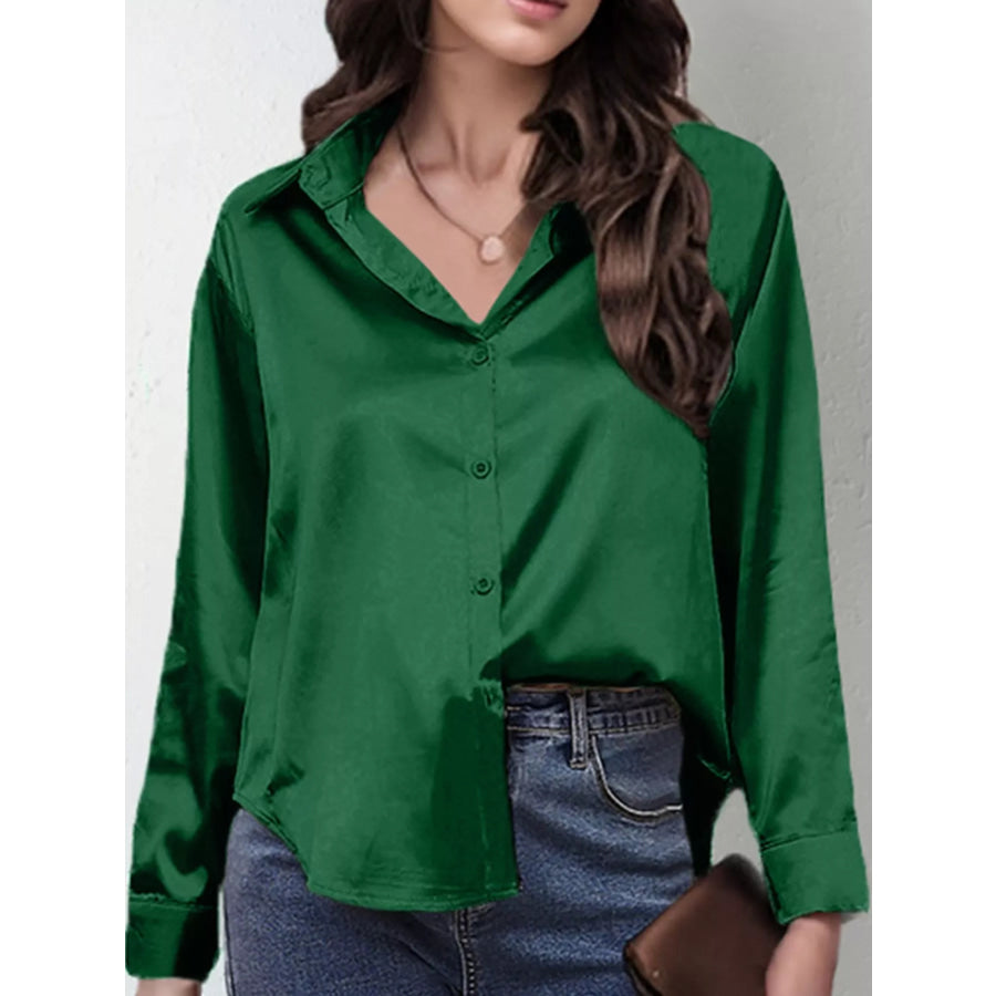 Satin Button-Down Long Sleeve Shirt Dark Green / S Apparel and Accessories