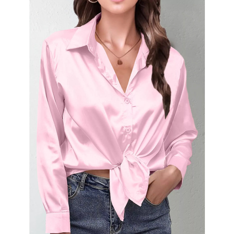 Satin Button-Down Long Sleeve Shirt Dusty Pink / S Apparel and Accessories