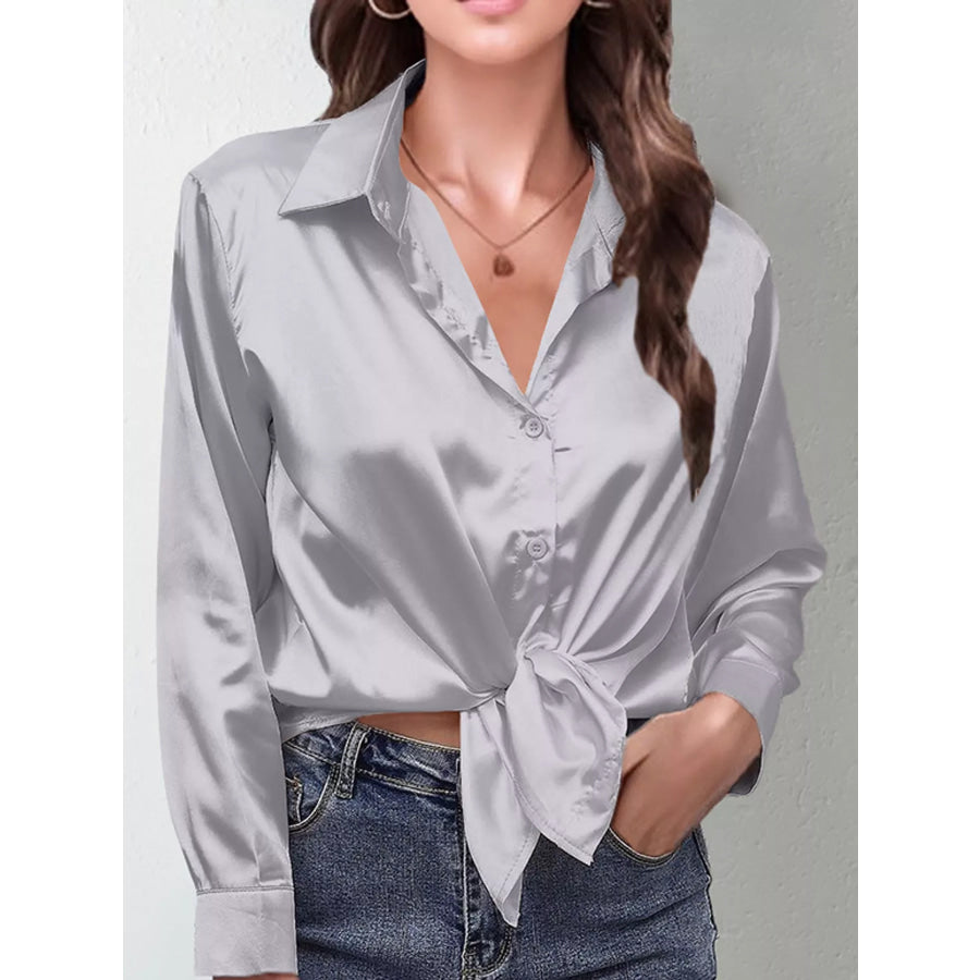Satin Button-Down Long Sleeve Shirt Gray / S Apparel and Accessories